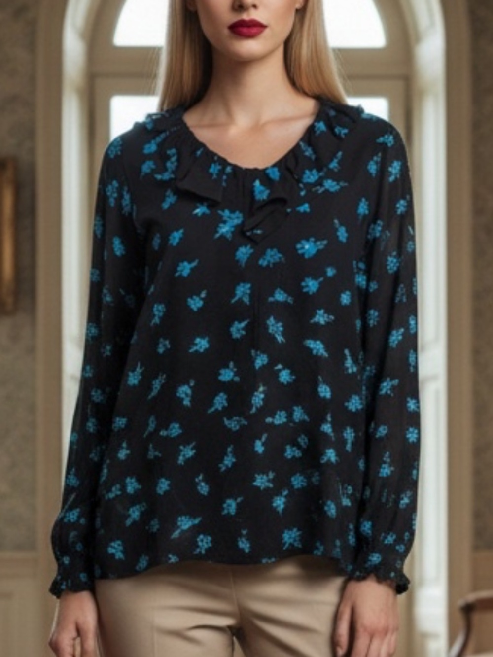 Zara Black Floral Blouse | Blue Flowers | Size Small